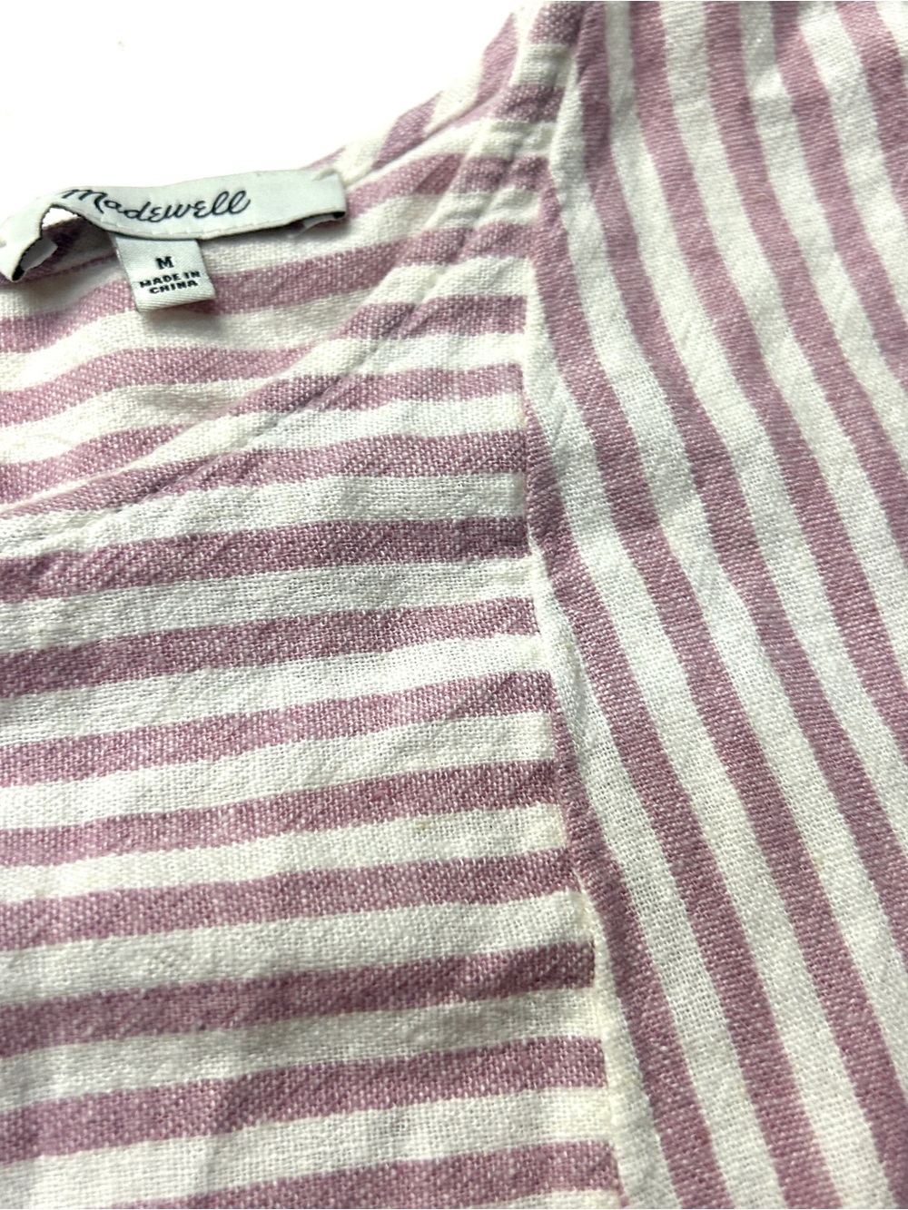 Madewell Purple White Striped Stripe-Play Button-Back Dress Linen Blend - Picture 6 of 10
